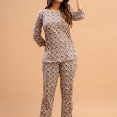 Purple Printed Cotton Night Suit with V-Neck Kurti & Ankle-Length Pants