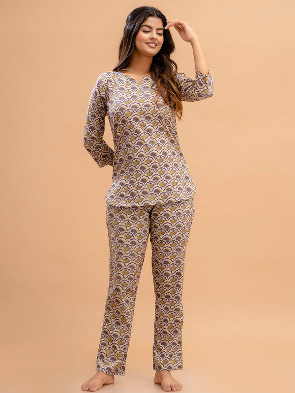 Purple Printed Cotton Night Suit with V-Neck Kurti & Ankle-Length Pants