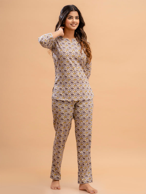 Purple Printed Cotton Night Suit with V-Neck Kurti & Ankle-Length Pants