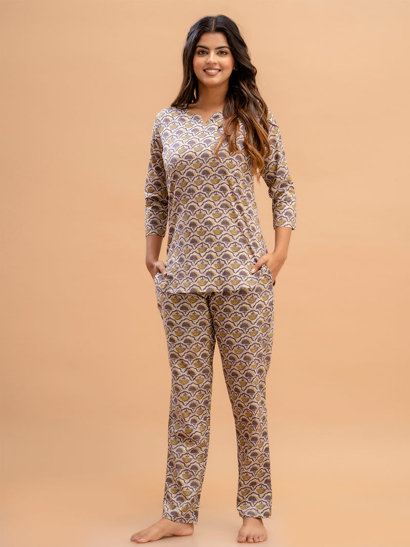 Purple Printed Cotton Night Suit with V-Neck Kurti & Ankle-Length Pants