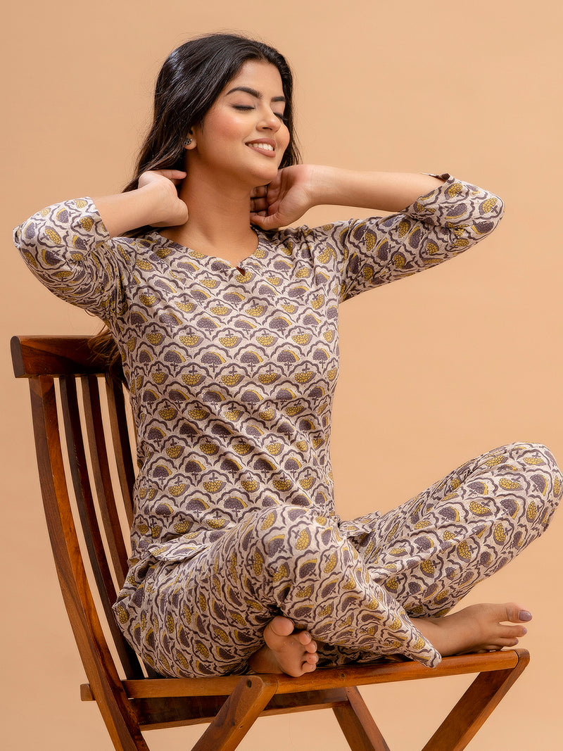 Purple Printed Cotton Night Suit with V-Neck Kurti & Ankle-Length Pants