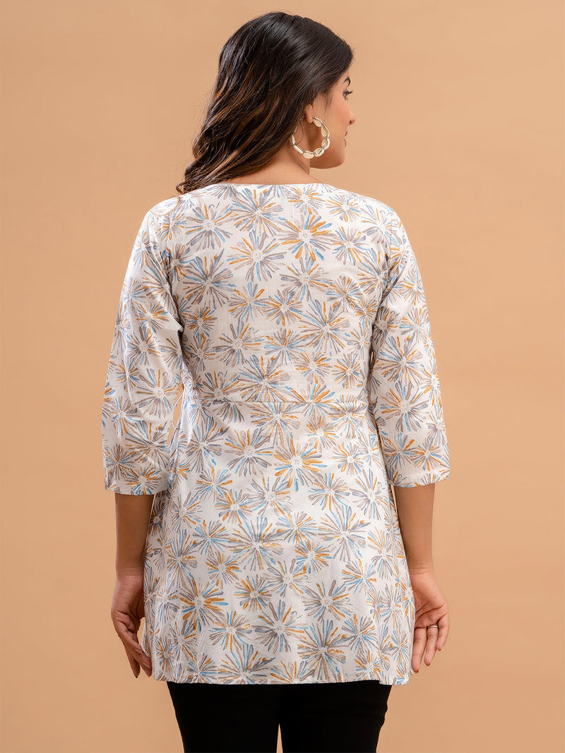 Floral Printed V-Neck Pure Cotton Angrakha A-Line Kurti