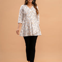 Floral Printed V-Neck Pure Cotton Angrakha A-Line Kurti