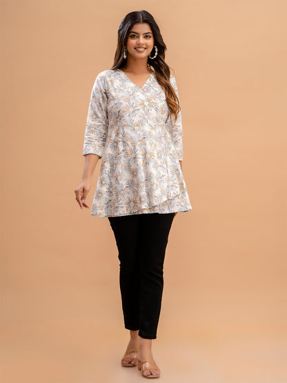 Floral Printed V-Neck Pure Cotton Angrakha A-Line Kurti FRKT6187