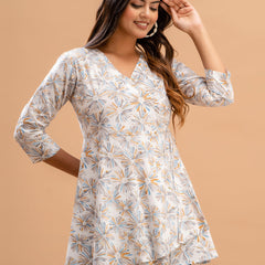 Floral Printed V-Neck Pure Cotton Angrakha A-Line Kurti