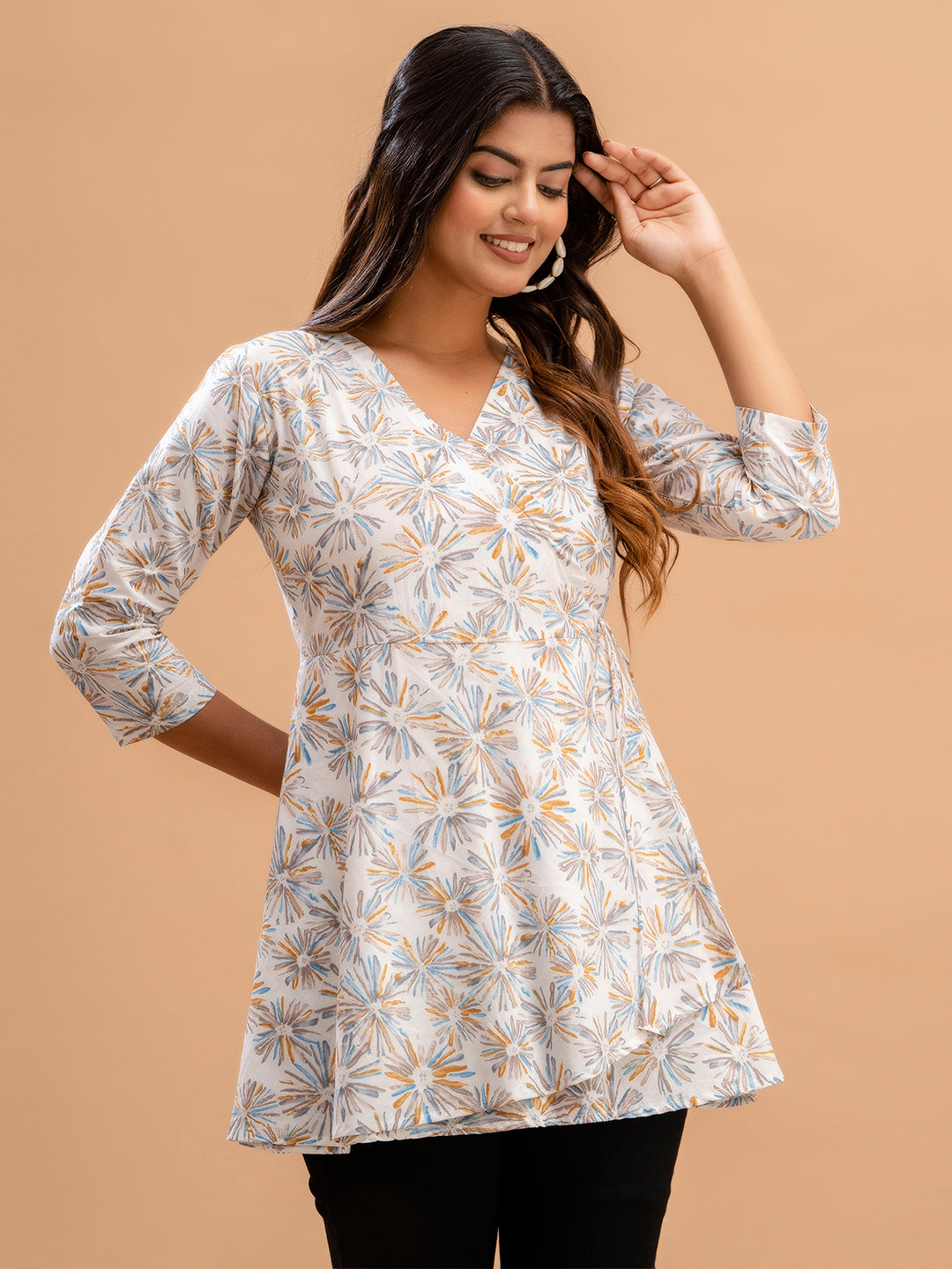 Floral Printed V-Neck Pure Cotton Angrakha A-Line Kurti FRKT6187