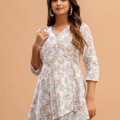 Floral Printed V-Neck Pure Cotton Angrakha A-Line Kurti