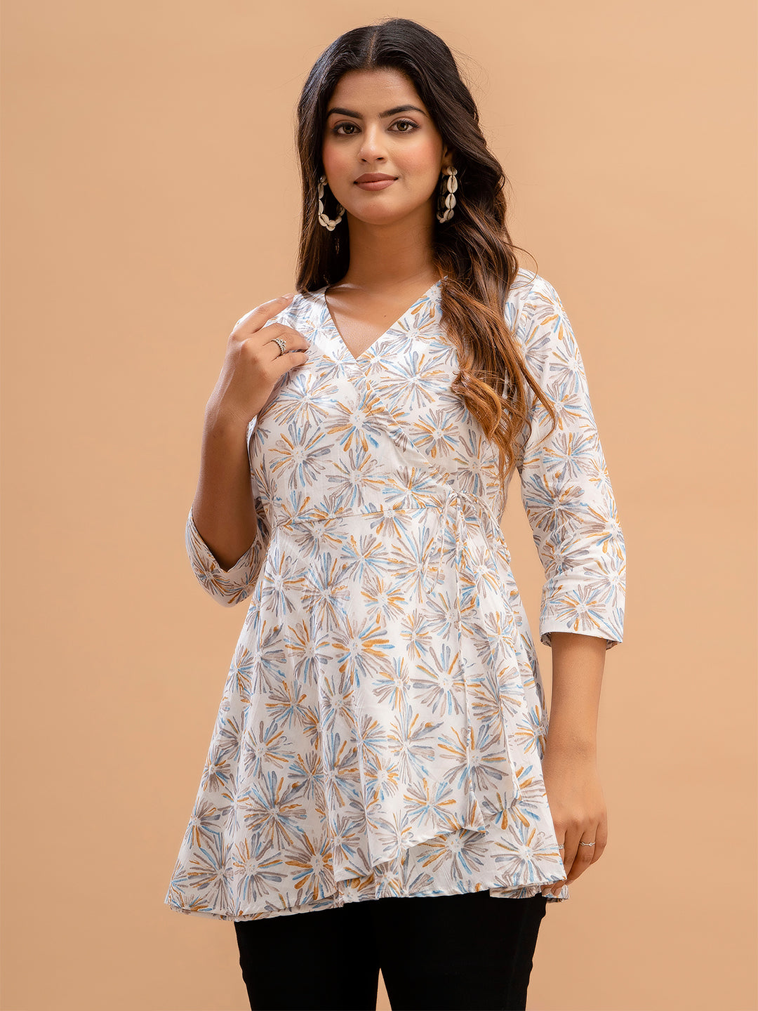 Floral Printed V-Neck Pure Cotton Angrakha A-Line Kurti FRKT6187