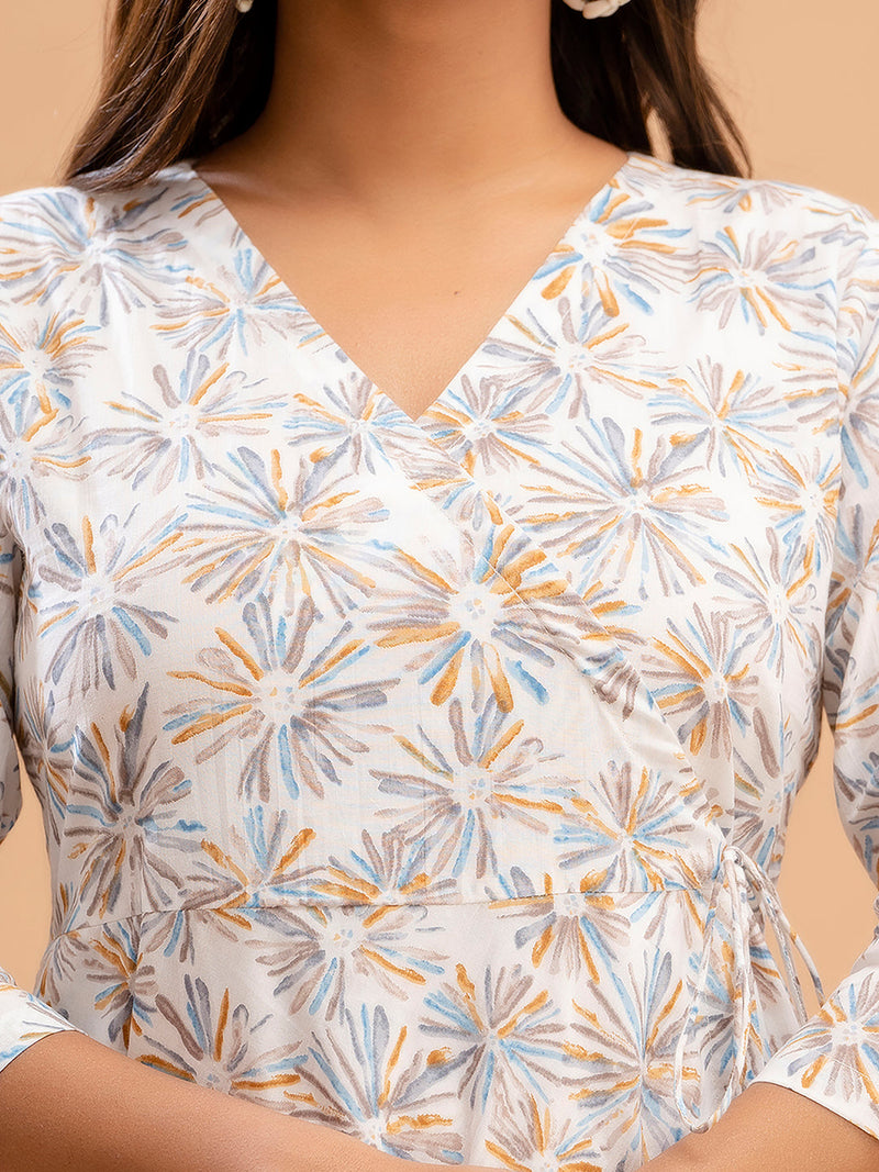 Floral Printed V-Neck Pure Cotton Angrakha A-Line Kurti