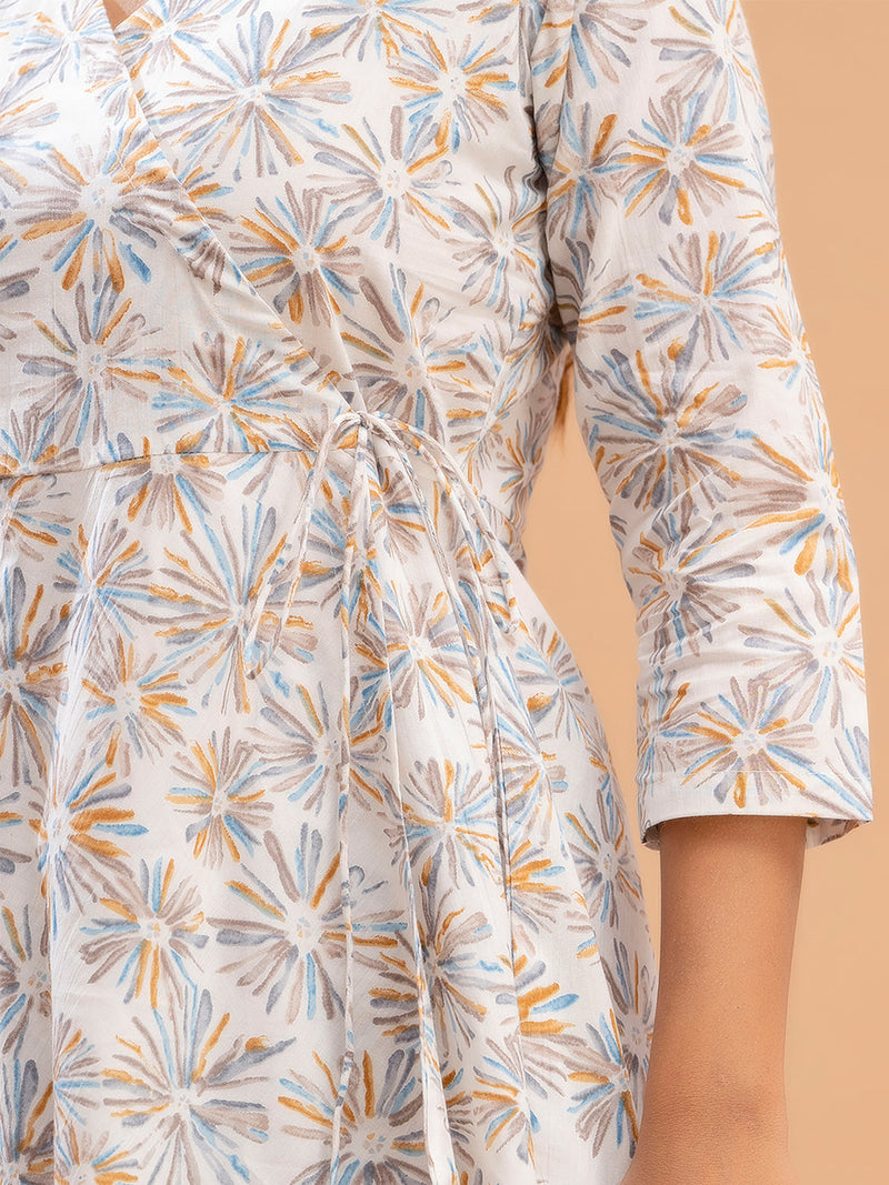 Floral Printed V-Neck Pure Cotton Angrakha A-Line Kurti