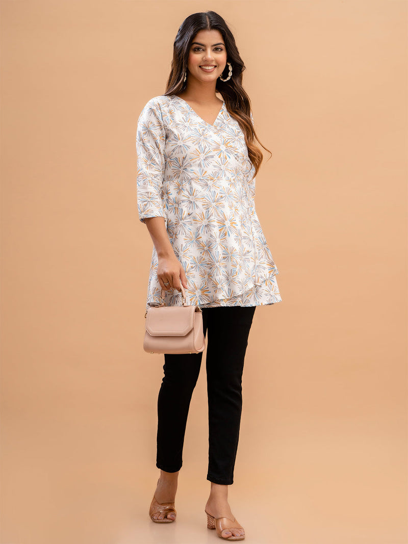 Floral Printed V-Neck Pure Cotton Angrakha A-Line Kurti