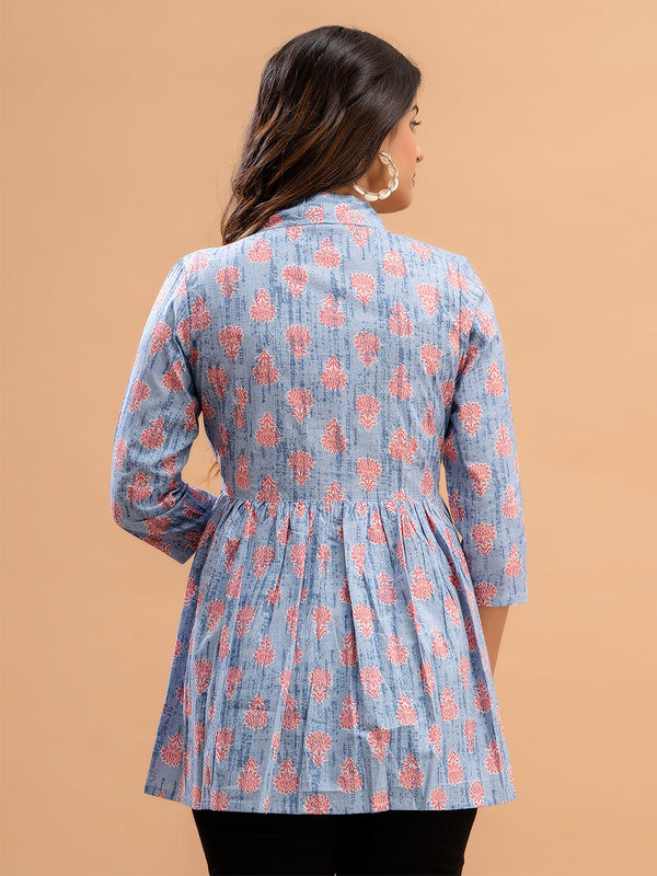 Floral Printed Shirt Collar Pure Cotton Pleated Kurti