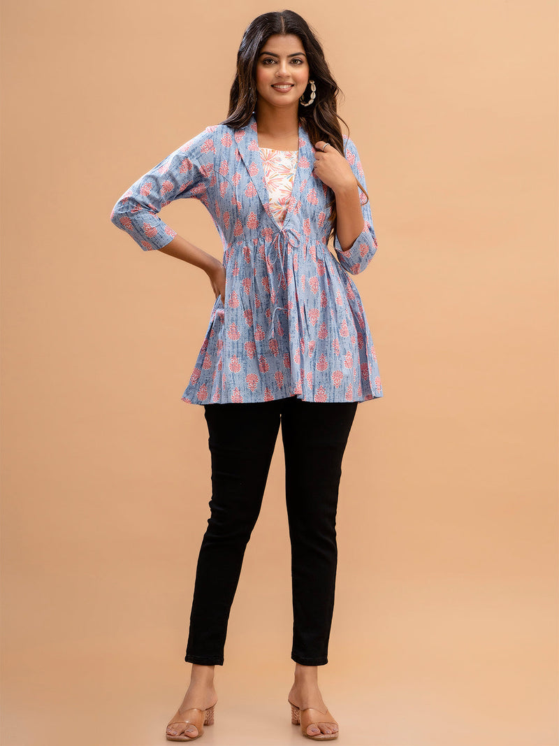 Floral Printed Shirt Collar Pure Cotton Pleated Kurti