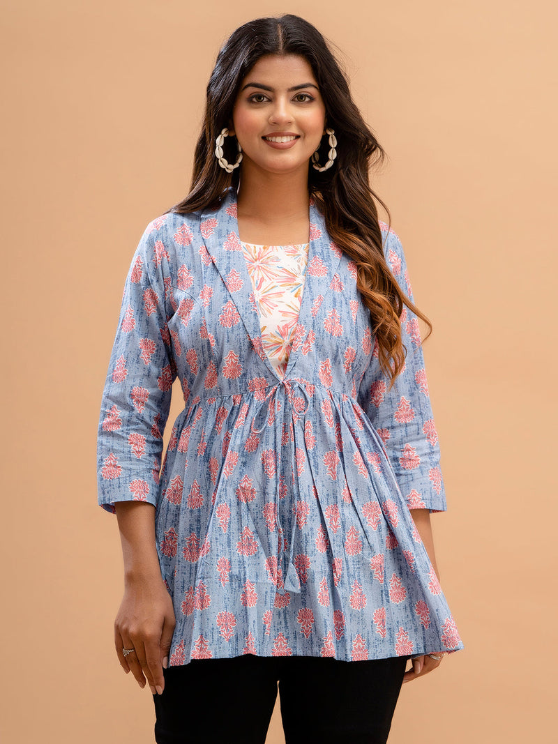 Floral Printed Shirt Collar Pure Cotton Pleated Kurti