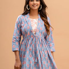 Floral Printed Shirt Collar Pure Cotton Pleated Kurti