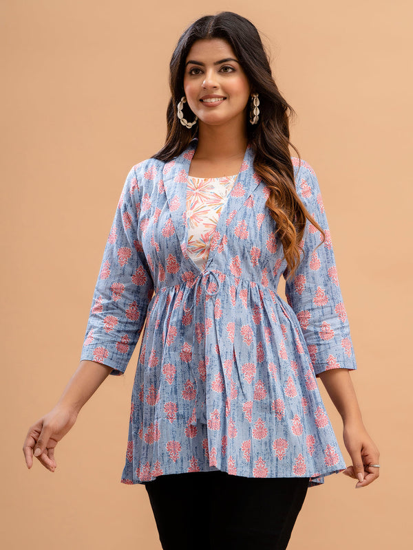 Floral Printed Shirt Collar Pure Cotton Pleated Kurti