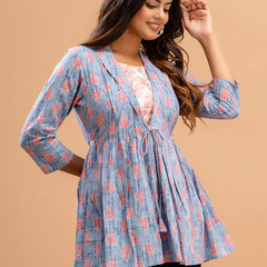 Floral Printed Shirt Collar Pure Cotton Pleated Kurti