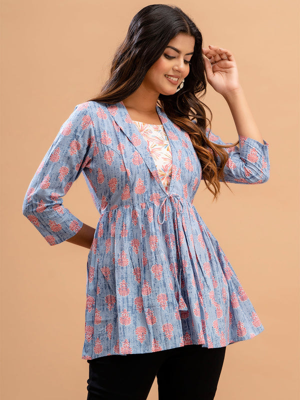 Floral Printed Shirt Collar Pure Cotton Pleated Kurti