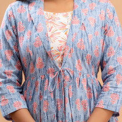 Floral Printed Shirt Collar Pure Cotton Pleated Kurti