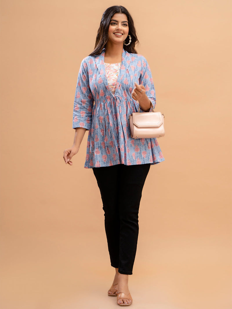 Floral Printed Shirt Collar Pure Cotton Pleated Kurti