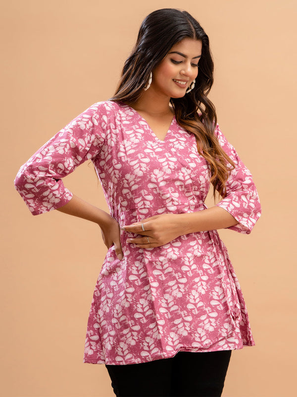 Floral Printed V-Neck Pure Cotton Angrakha A-Line Kurti