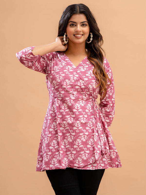 Floral Printed V-Neck Pure Cotton Angrakha A-Line Kurti