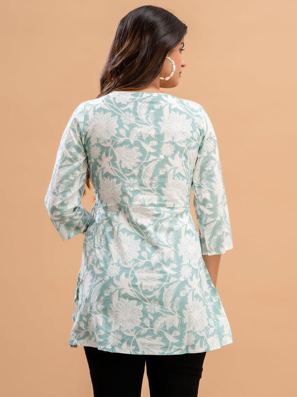 Floral Printed V-Neck Pure Cotton Angrakha A-Line Kurti