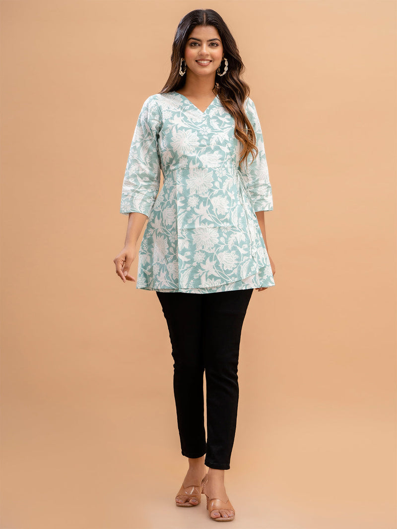 Floral Printed V-Neck Pure Cotton Angrakha A-Line Kurti