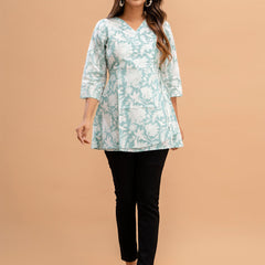 Floral Printed V-Neck Pure Cotton Angrakha A-Line Kurti