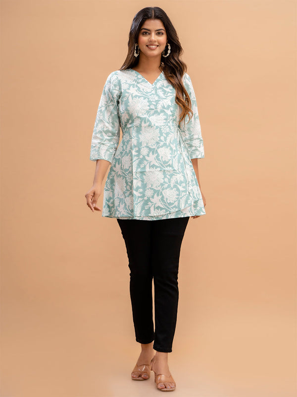 Floral Printed V-Neck Pure Cotton Angrakha A-Line Kurti