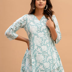 Floral Printed V-Neck Pure Cotton Angrakha A-Line Kurti