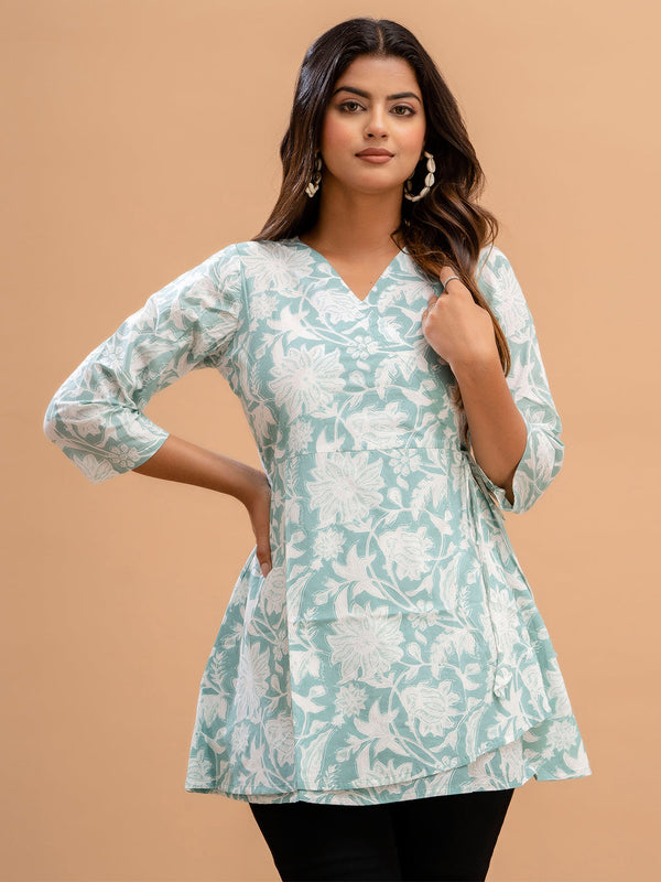 Floral Printed V-Neck Pure Cotton Angrakha A-Line Kurti
