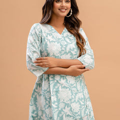 Floral Printed V-Neck Pure Cotton Angrakha A-Line Kurti