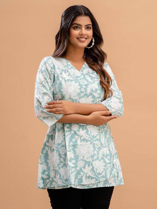 Floral Printed V-Neck Pure Cotton Angrakha A-Line Kurti