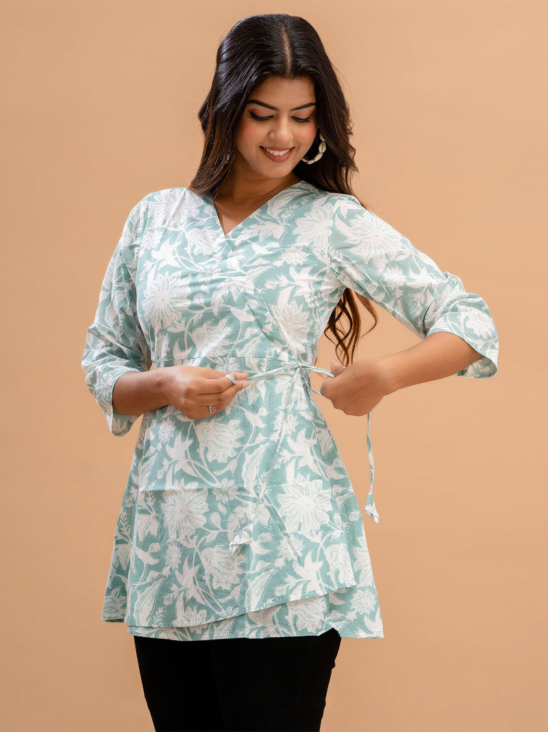 Floral Printed V-Neck Pure Cotton Angrakha A-Line Kurti