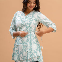 Floral Printed V-Neck Pure Cotton Angrakha A-Line Kurti