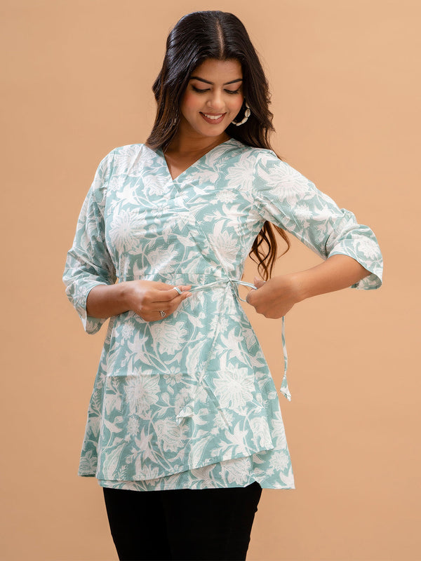 Floral Printed V-Neck Pure Cotton Angrakha A-Line Kurti
