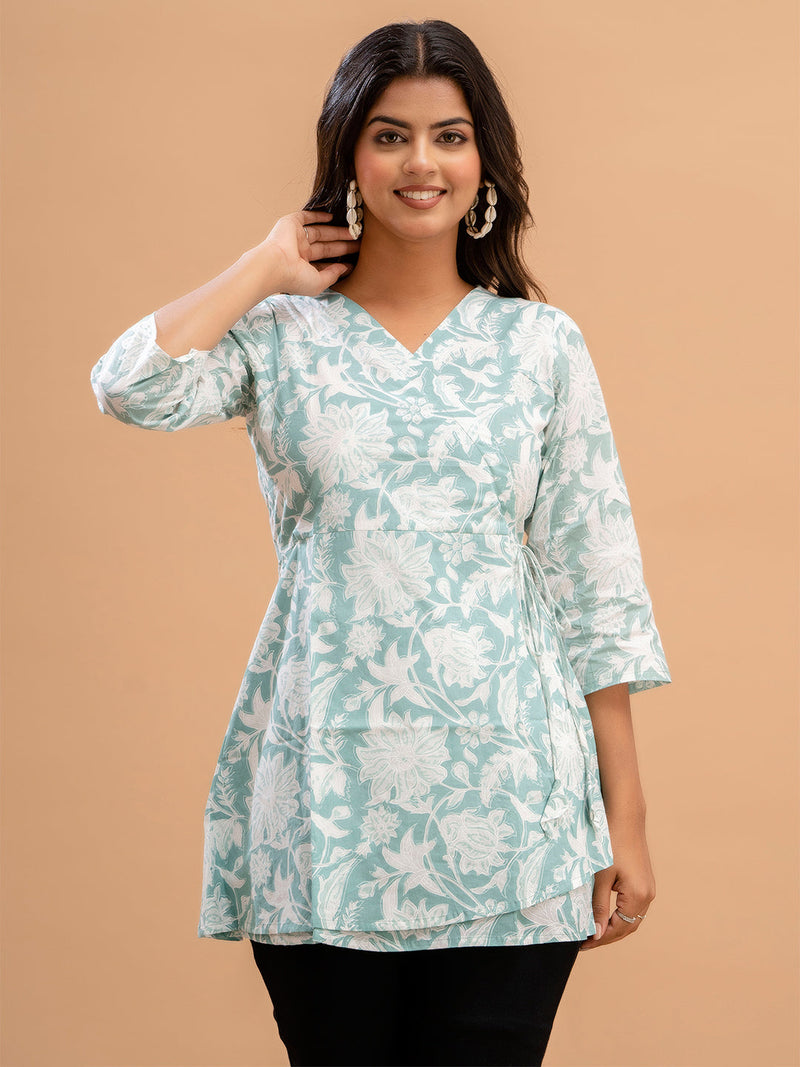 Floral Printed V-Neck Pure Cotton Angrakha A-Line Kurti