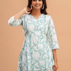 Floral Printed V-Neck Pure Cotton Angrakha A-Line Kurti