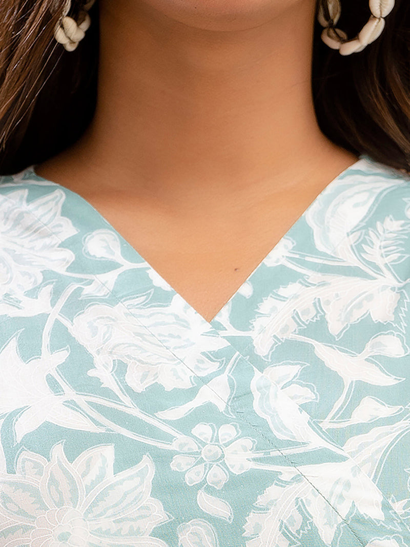 Floral Printed V-Neck Pure Cotton Angrakha A-Line Kurti