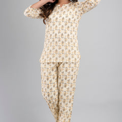 White Printed Cotton Night Suit with V-Neck Kurti & Ankle-Length Pants