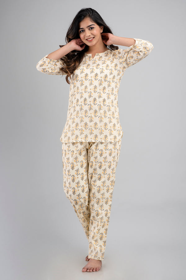 White Printed Cotton Night Suit with V-Neck Kurti & Ankle-Length Pants