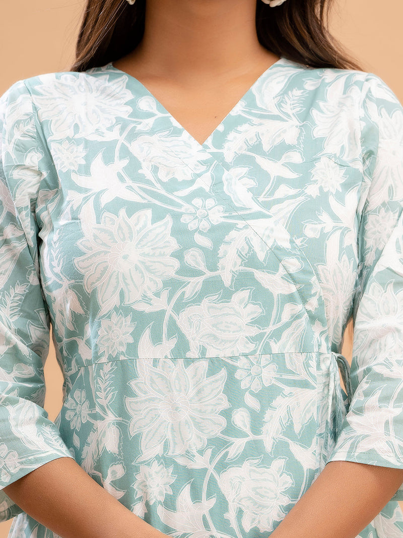 Floral Printed V-Neck Pure Cotton Angrakha A-Line Kurti