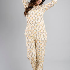 White Printed Cotton Night Suit with V-Neck Kurti & Ankle-Length Pants