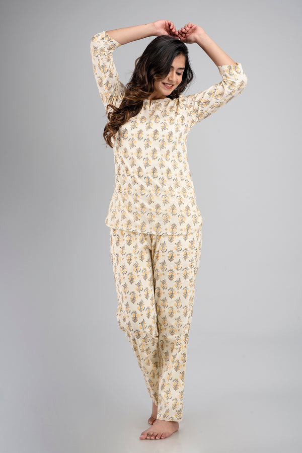 White Printed Cotton Night Suit with V-Neck Kurti & Ankle-Length Pants