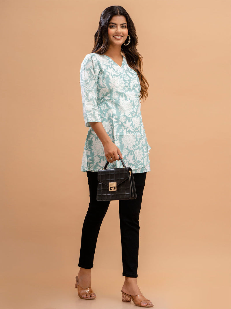 Floral Printed V-Neck Pure Cotton Angrakha A-Line Kurti