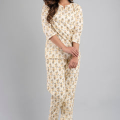 White Printed Cotton Night Suit with V-Neck Kurti & Ankle-Length Pants