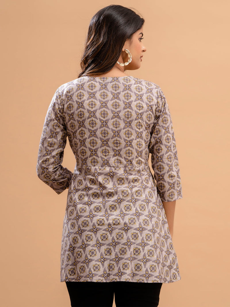 Floral Printed V-Neck Pure Cotton Angrakha A-Line Kurti