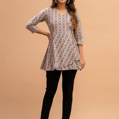 Floral Printed V-Neck Pure Cotton Angrakha A-Line Kurti