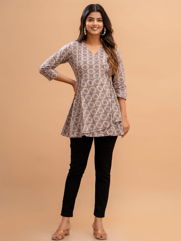 Floral Printed V-Neck Pure Cotton Angrakha A-Line Kurti